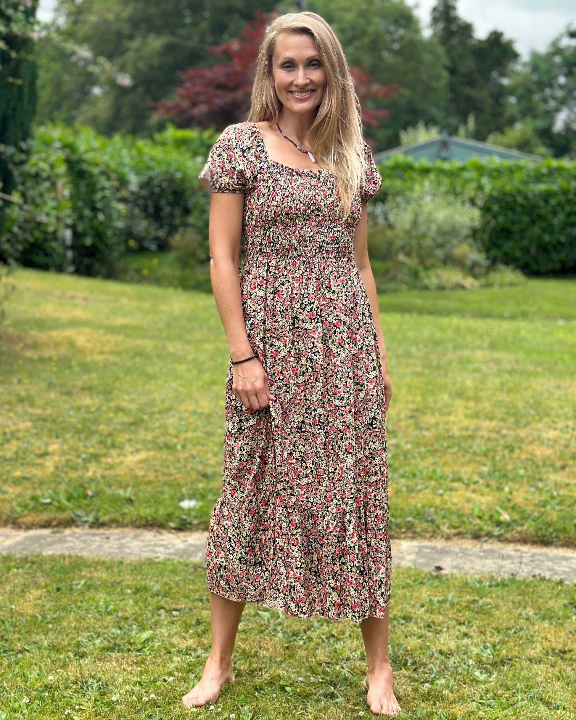 Black flower top print dress