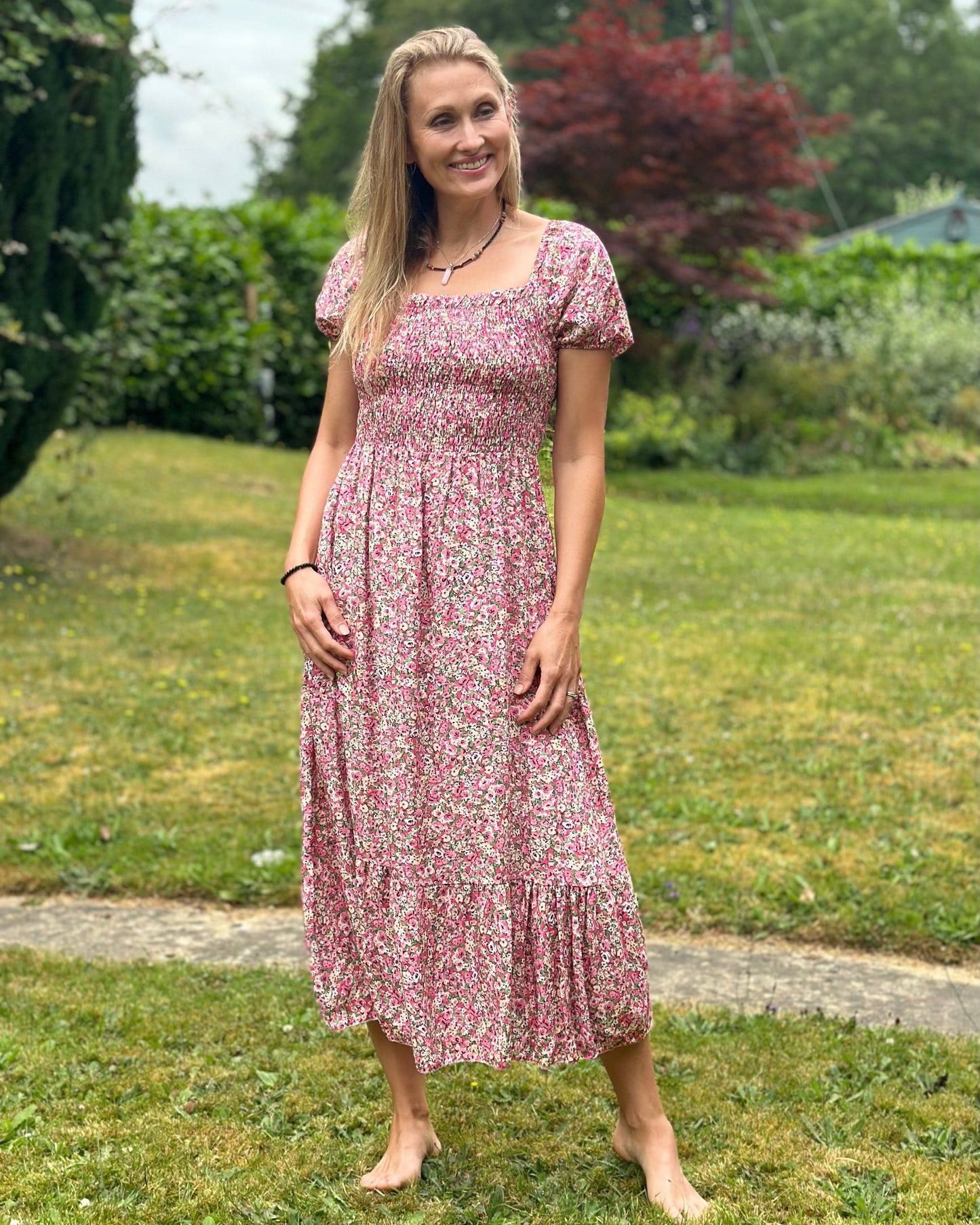 clothing Long Ditsy Flower Print Dress - Deep Pink