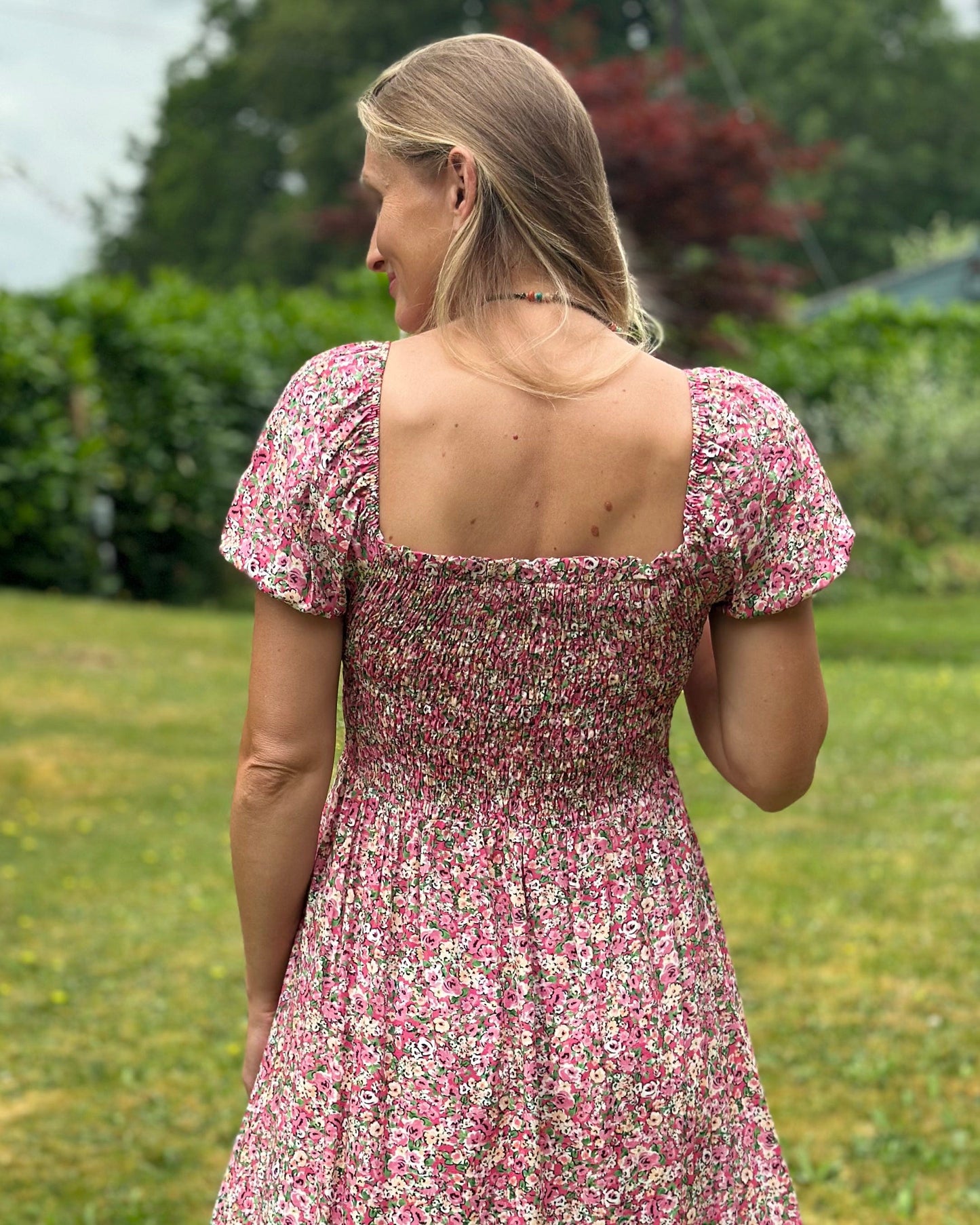 clothing Long Ditsy Flower Print Dress - Deep Pink