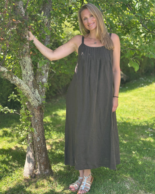 Clothing Long Linen Dress with Spaghetti Straps - Chocolate