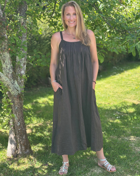 Clothing Long Linen Dress with Spaghetti Straps - Chocolate