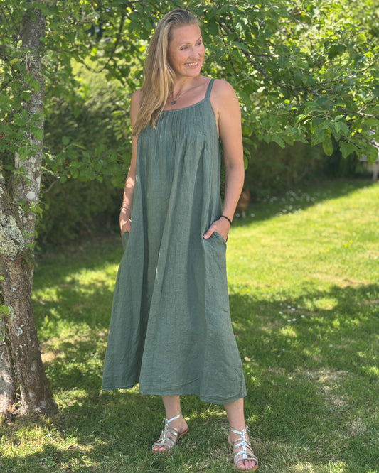 Clothing Long Linen Dress with Spaghetti Straps - Khaki