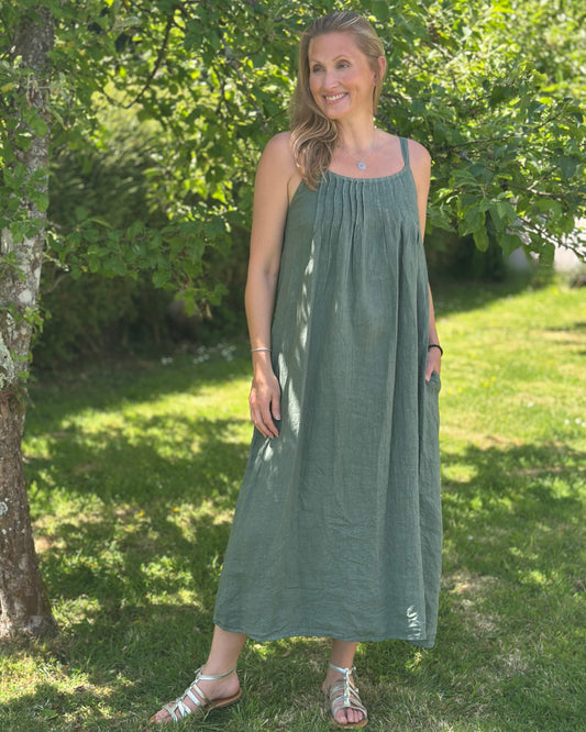 Clothing Long Linen Dress with Spaghetti Straps - Khaki