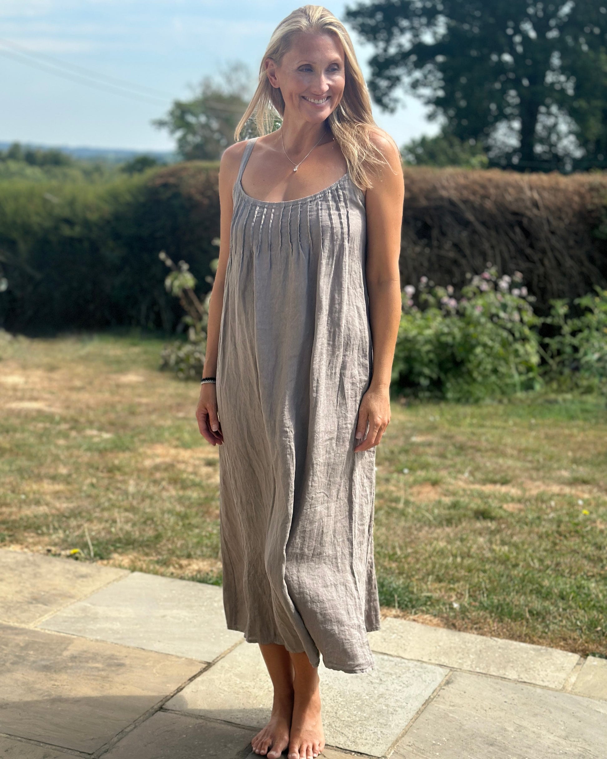 Clothing Long Linen Dress with Spaghetti Straps - Mocha