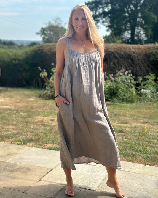 Clothing Long Linen Dress with Spaghetti Straps - Mocha