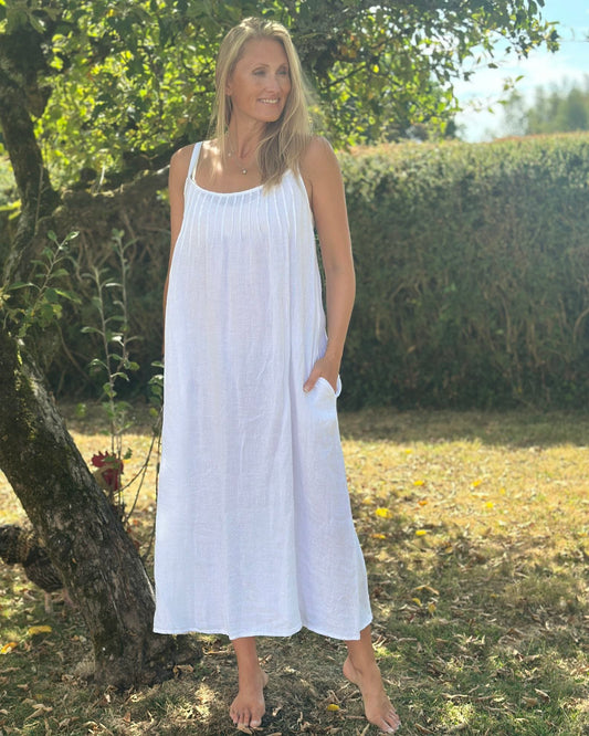 Clothing Long Linen Dress with Spaghetti Straps - White