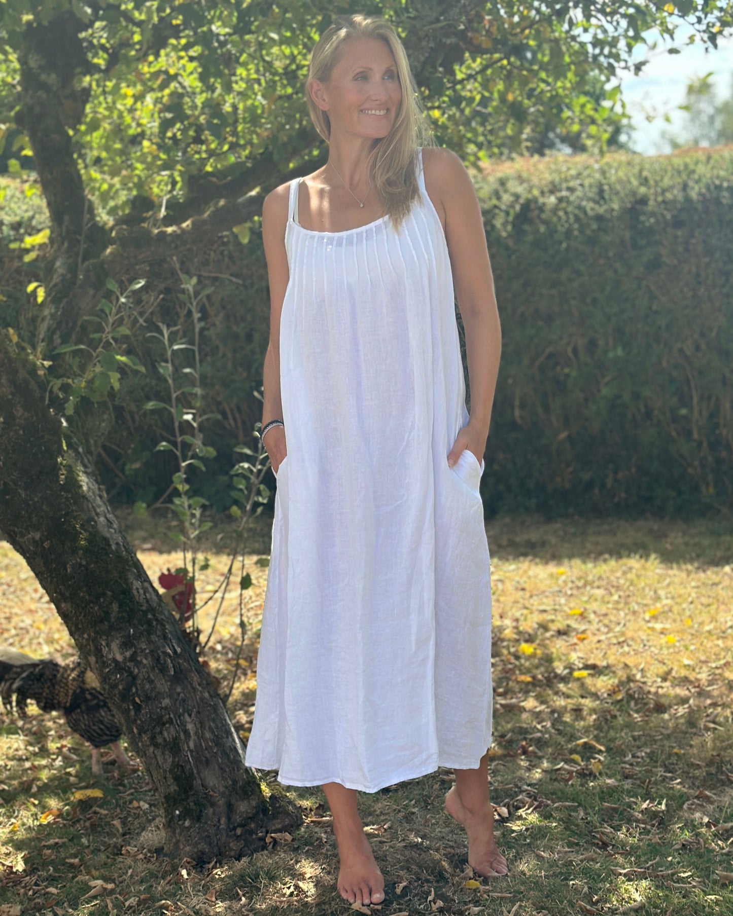 Clothing Long Linen Dress with Spaghetti Straps - White