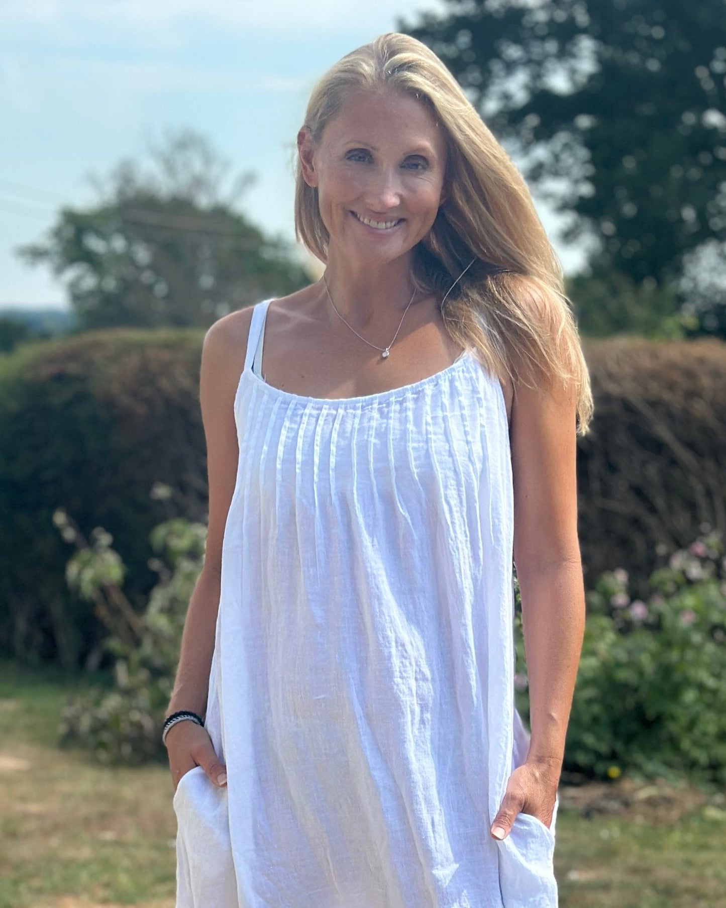 Clothing Long Linen Dress with Spaghetti Straps - White