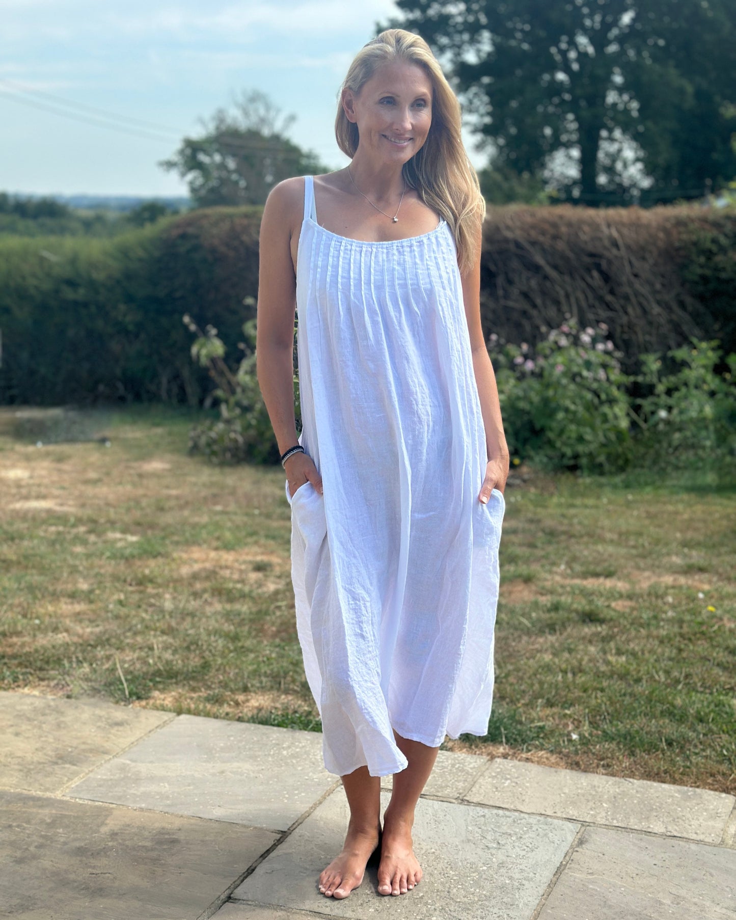 Clothing Long Linen Dress with Spaghetti Straps - White