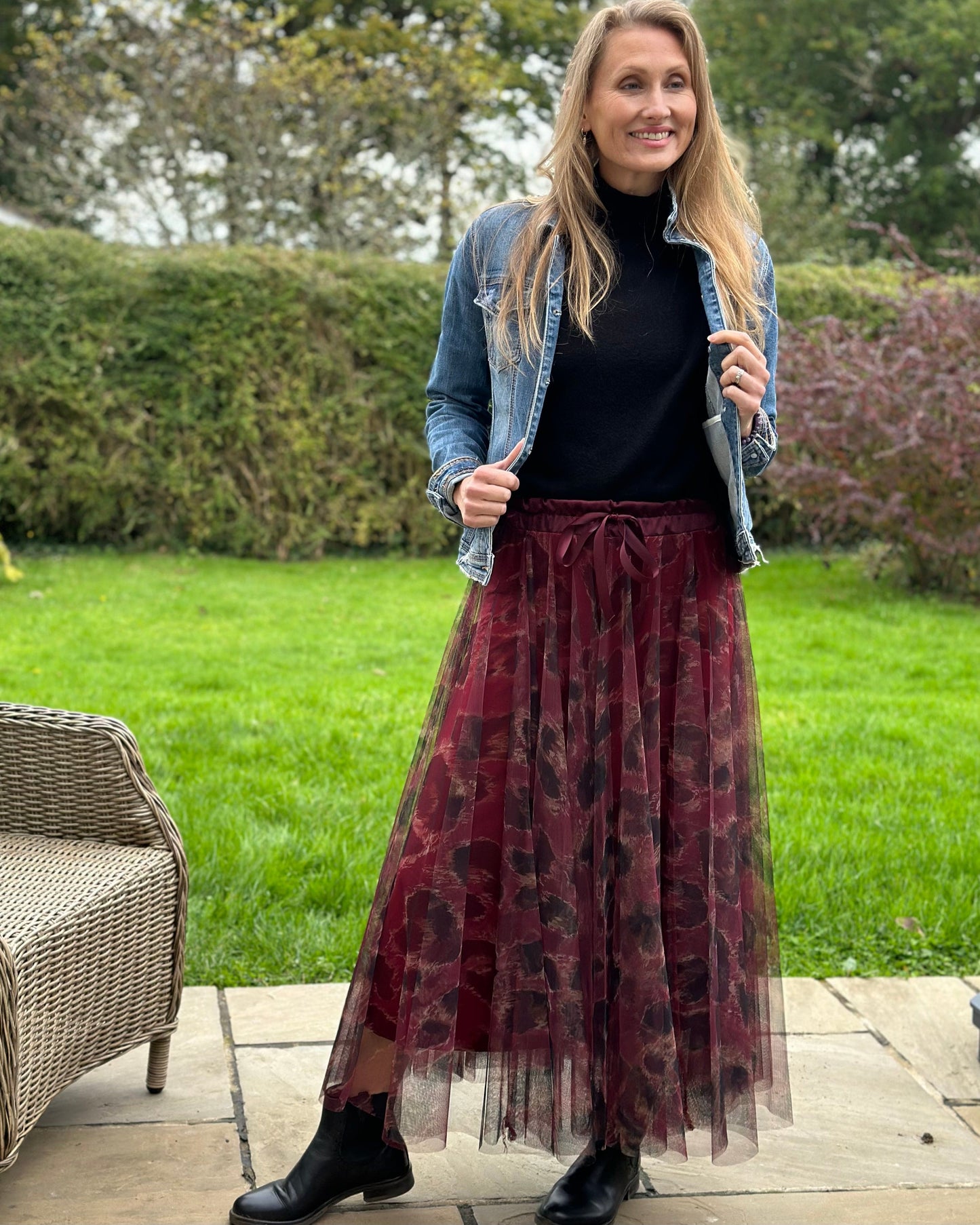 clothing Long Pleated Animal Print Tulle Skirt - Burgundy