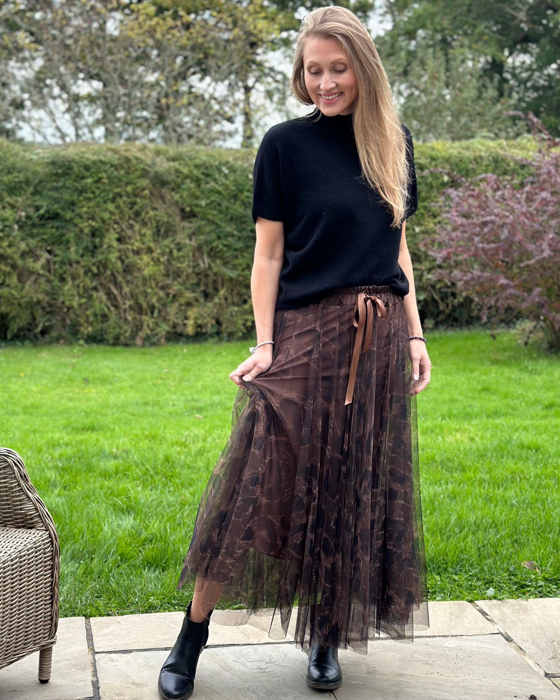 clothing Long Pleated Animal Print Tulle Skirt - Chocolate