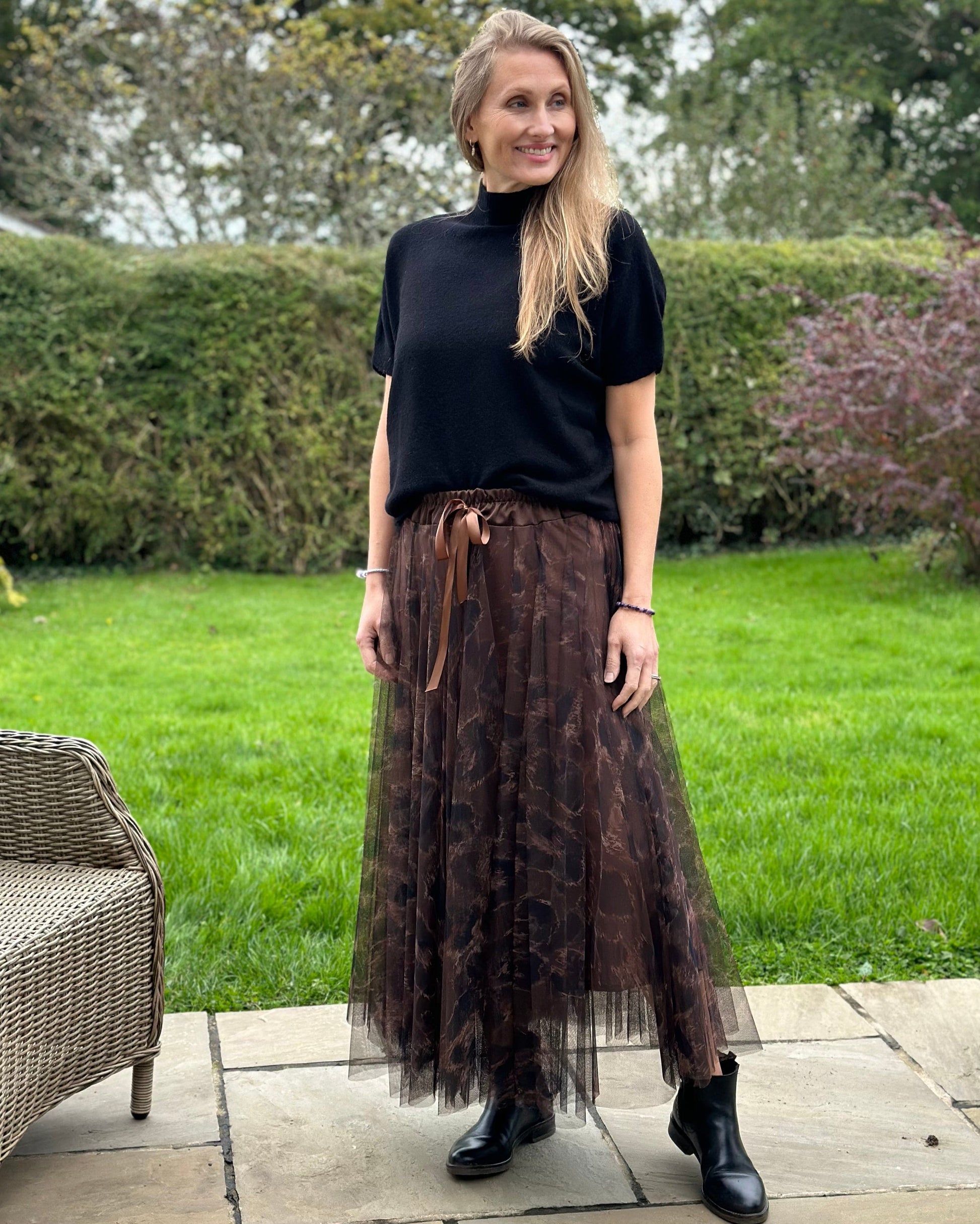 clothing Long Pleated Animal Print Tulle Skirt - Chocolate