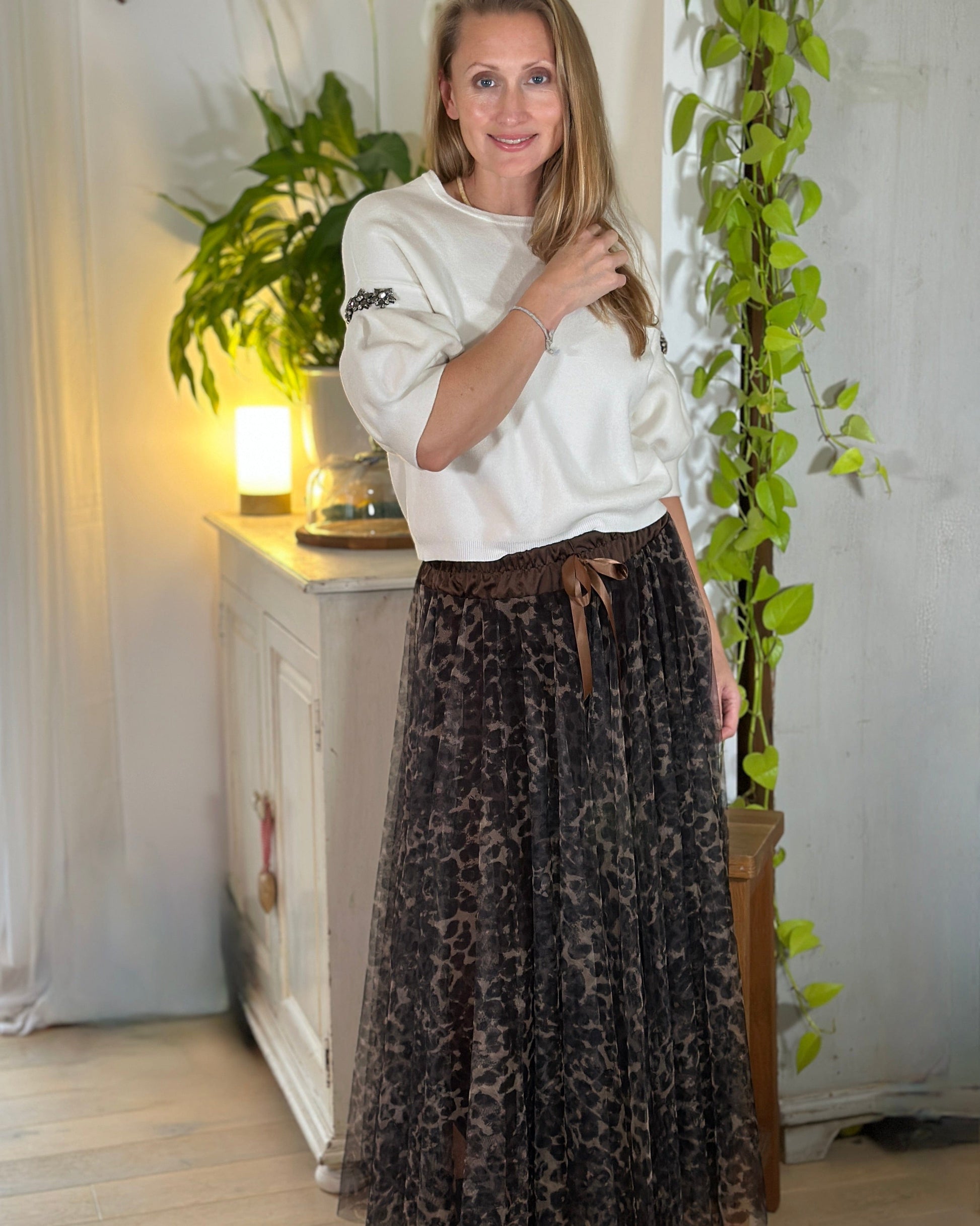 clothing Long Pleated Tulle Skirt In Leopard Print - Brown