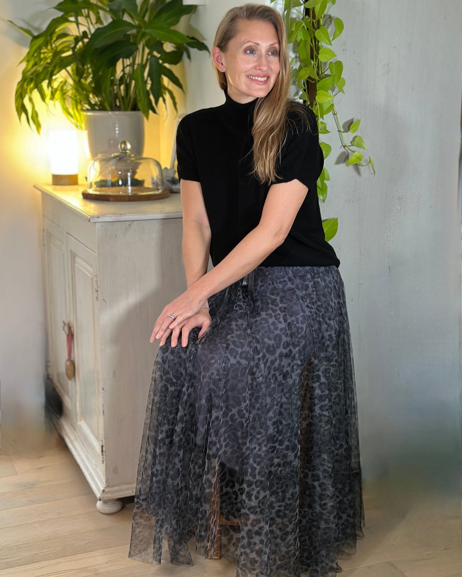 clothing Long Pleated Tulle Skirt In Leopard Print - Charcoal Grey