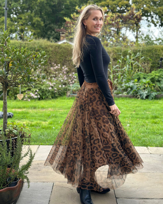 clothing Long Pleated Tulle Skirt In Leopard Print - Tan