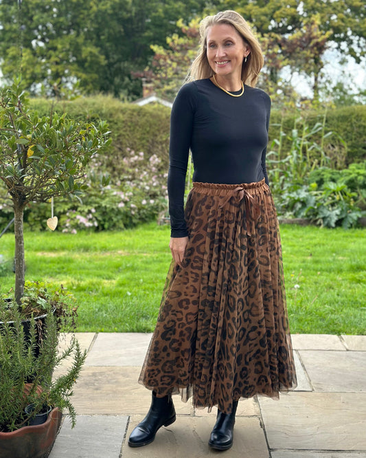clothing Long Pleated Tulle Skirt In Leopard Print - Tan