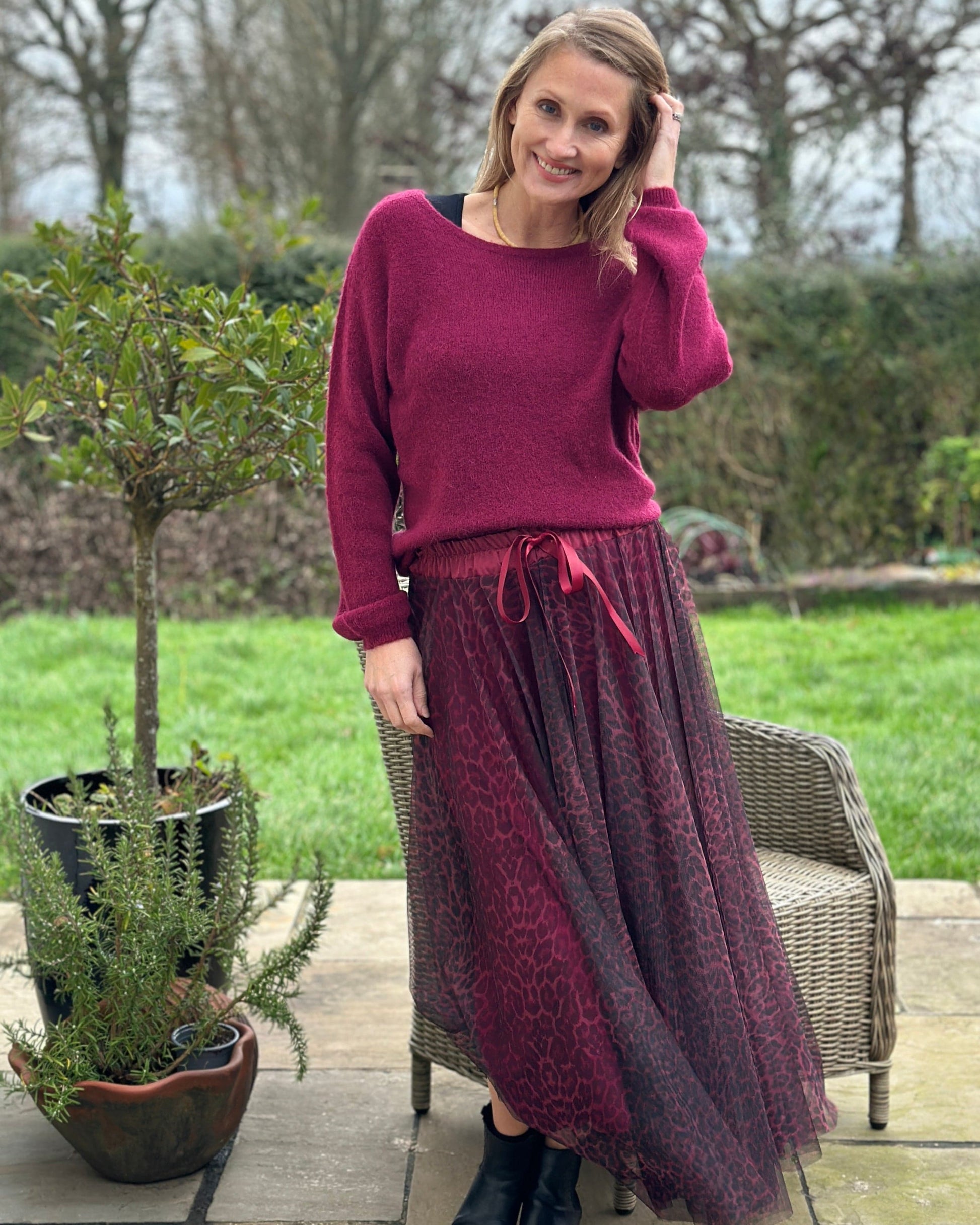 clothing Long Pleated Tulle Skirt In  Small Leopard Print - Wine