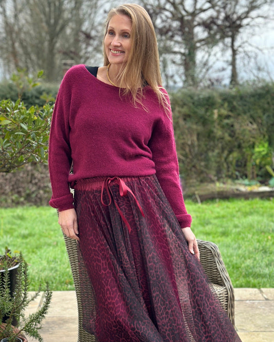 clothing Long Pleated Tulle Skirt In  Small Leopard Print - Wine