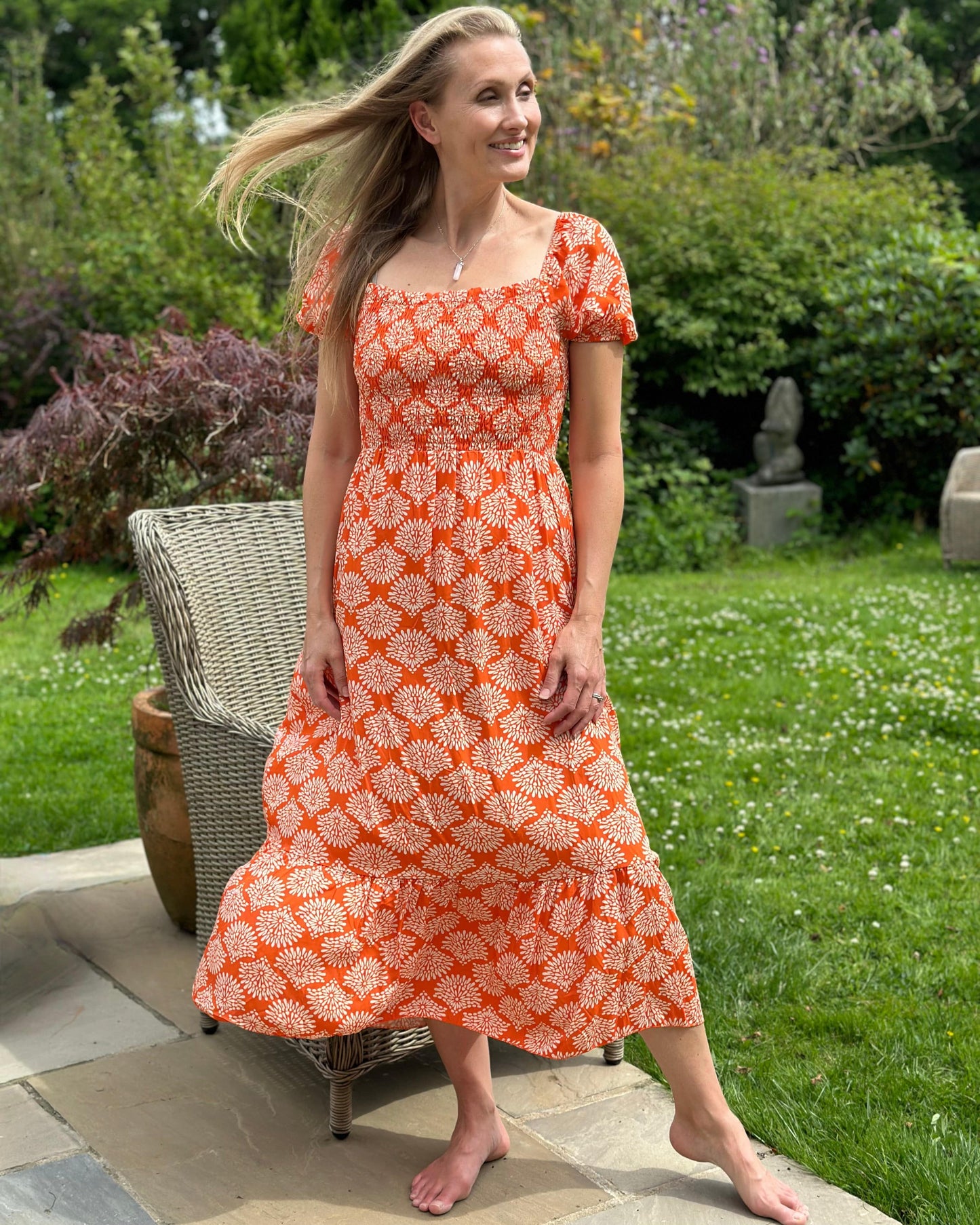 clothing Long Ruched Bodice Print Dress - Orange