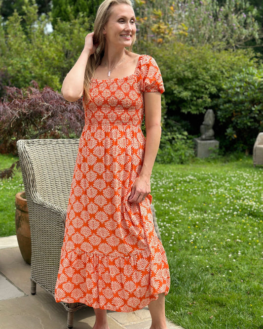 clothing Long Ruched Bodice Print Dress - Orange