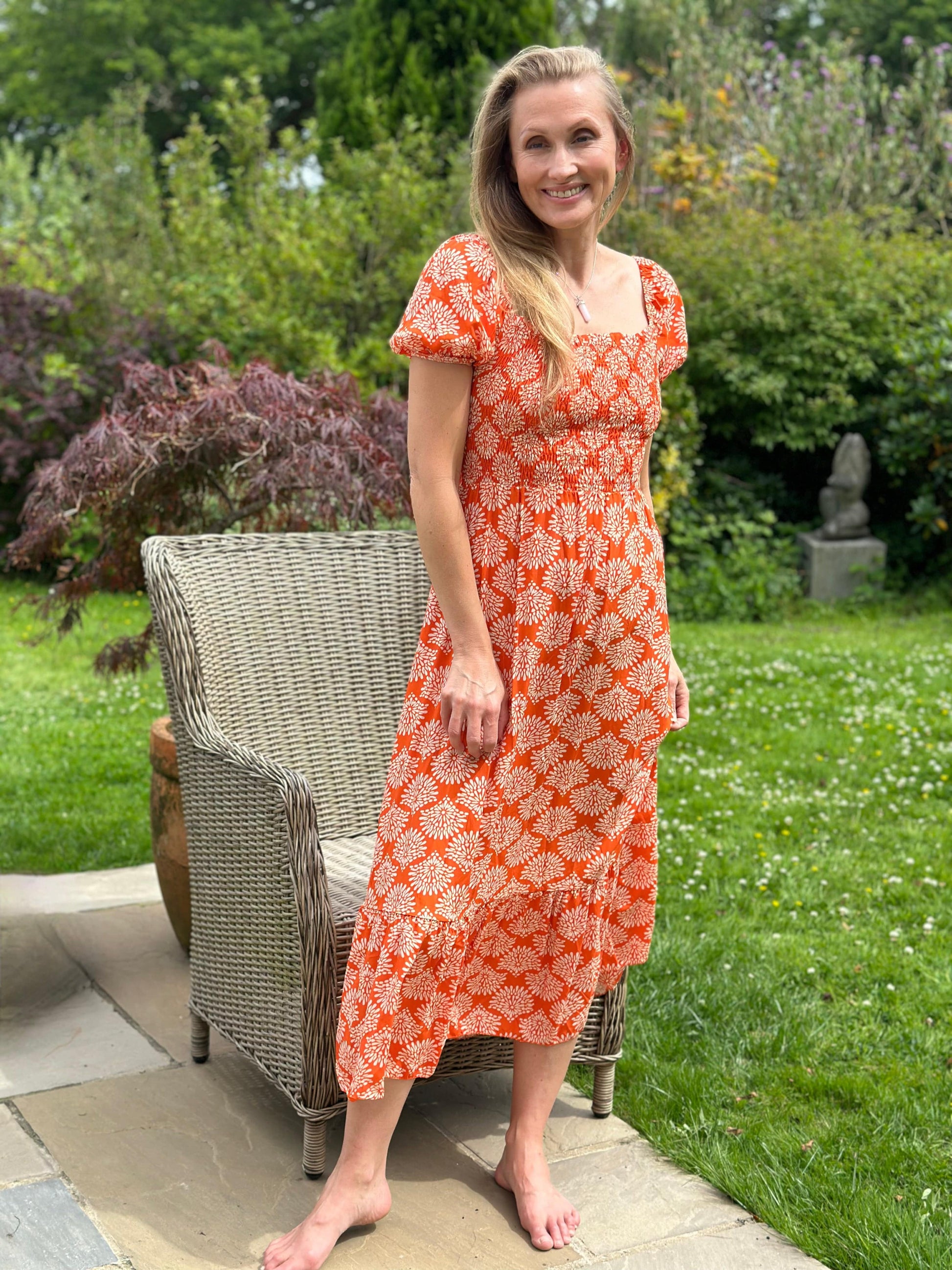 clothing Long Ruched Bodice Print Dress - Orange