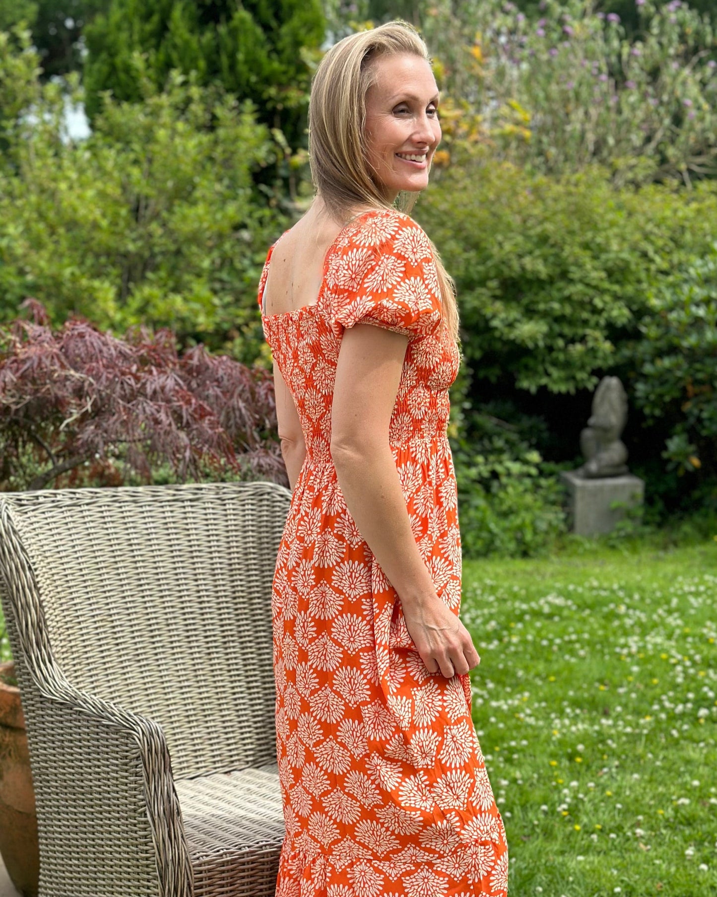 clothing Long Ruched Bodice Print Dress - Orange