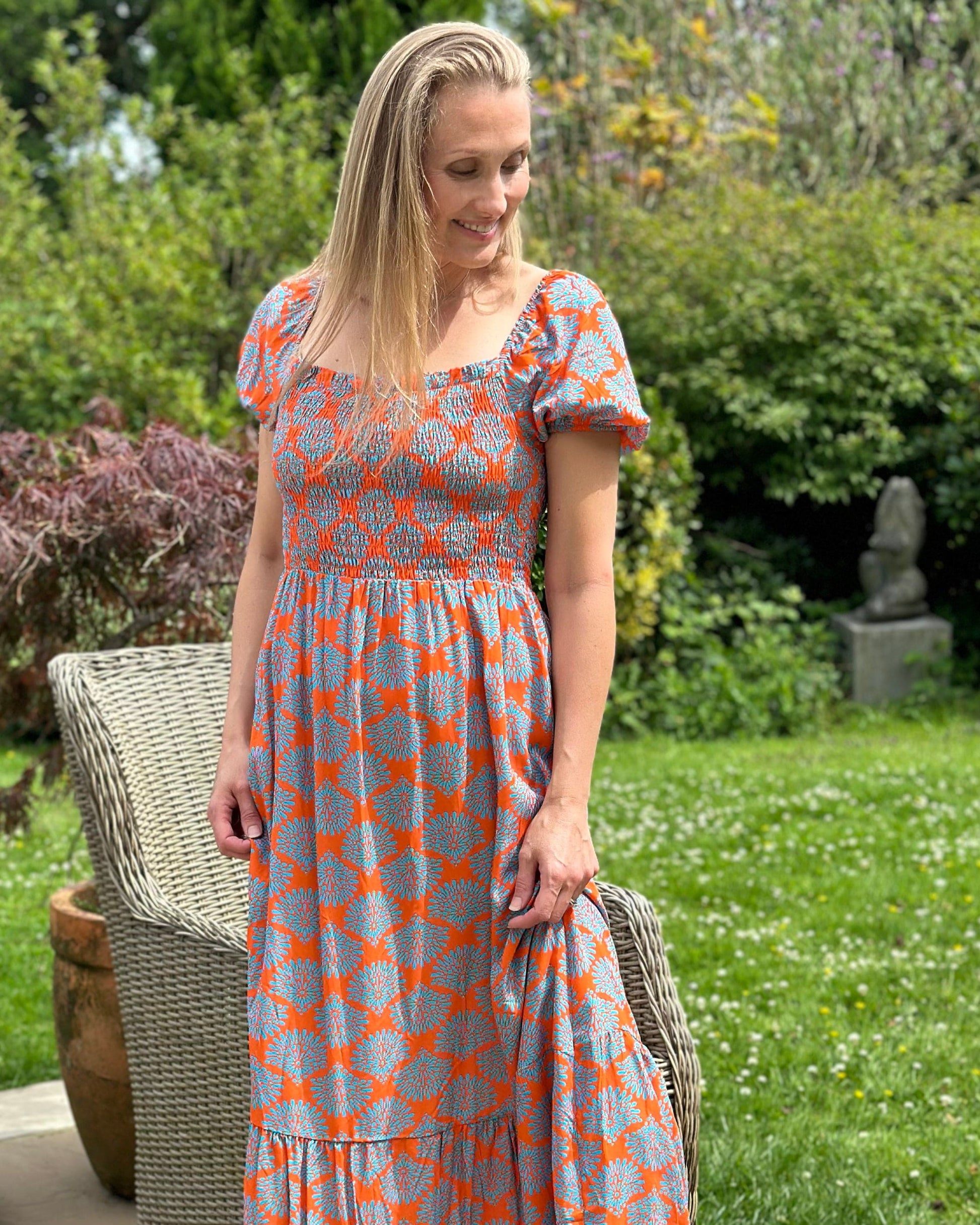 clothing Long Ruched Bodice Print Dress - Orange/Denim