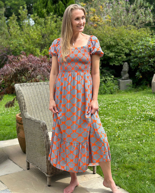 clothing Long Ruched Bodice Print Dress - Orange/Denim