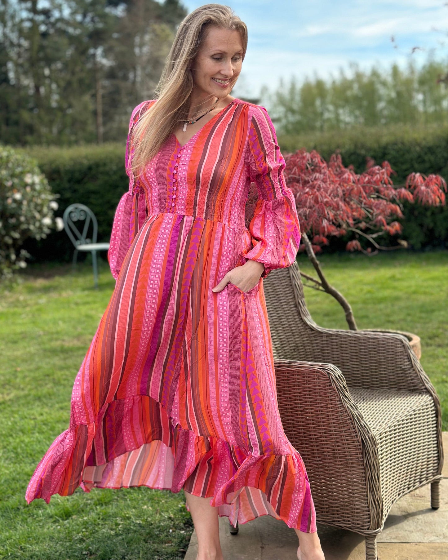 clothing Long Ruched Bodice Striped Dress - Pinks And Orange