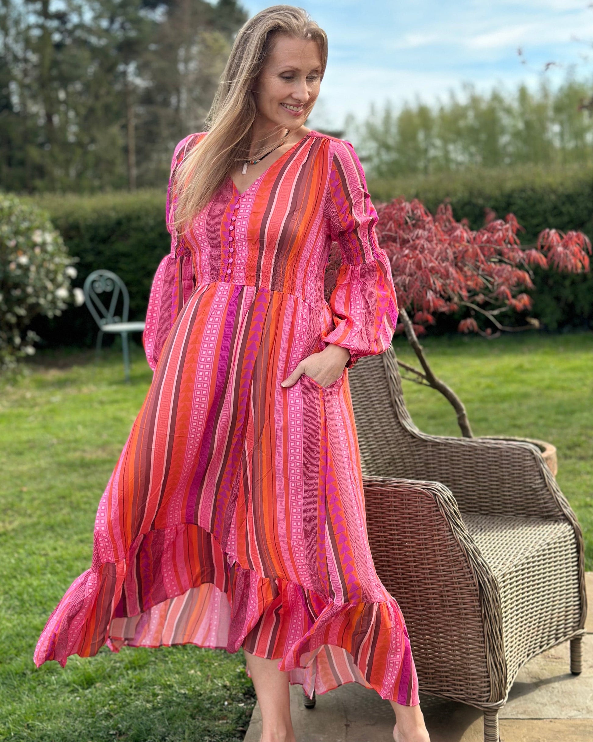 clothing Long Ruched Bodice Striped Dress - Pinks And Orange