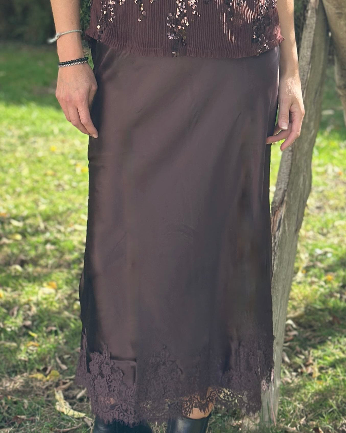 clothing Long Satin & Lace Skirt - Chocolate