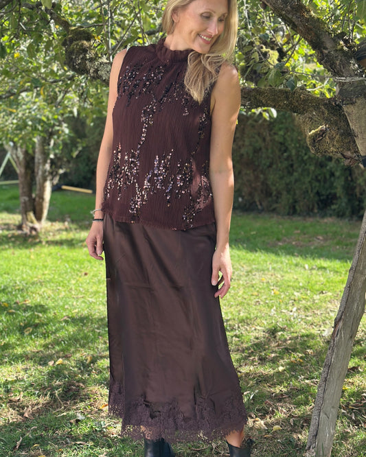 clothing Long Satin & Lace Skirt - Chocolate