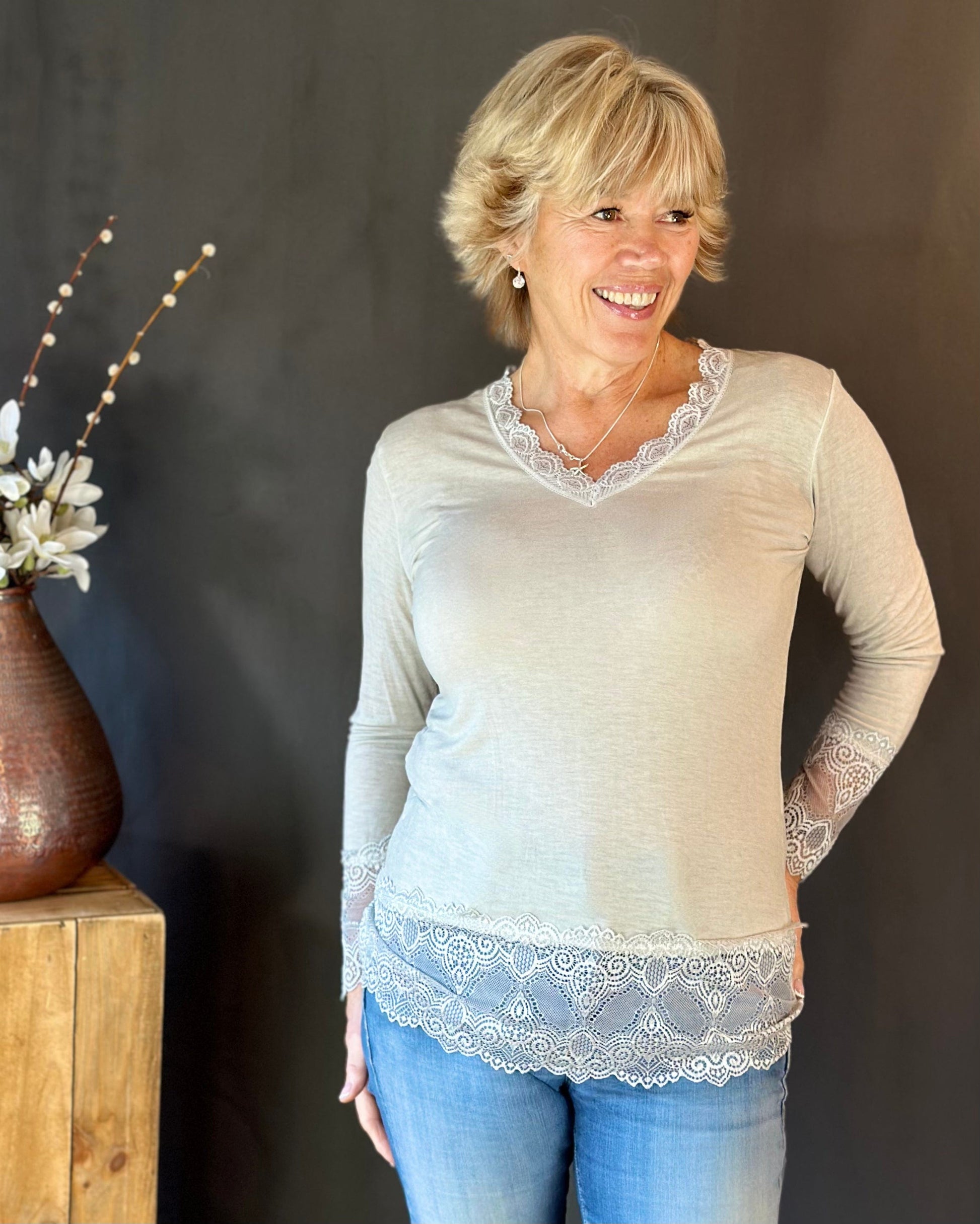 clothing Long Sleeved Lace Detail Top - Pale Grey