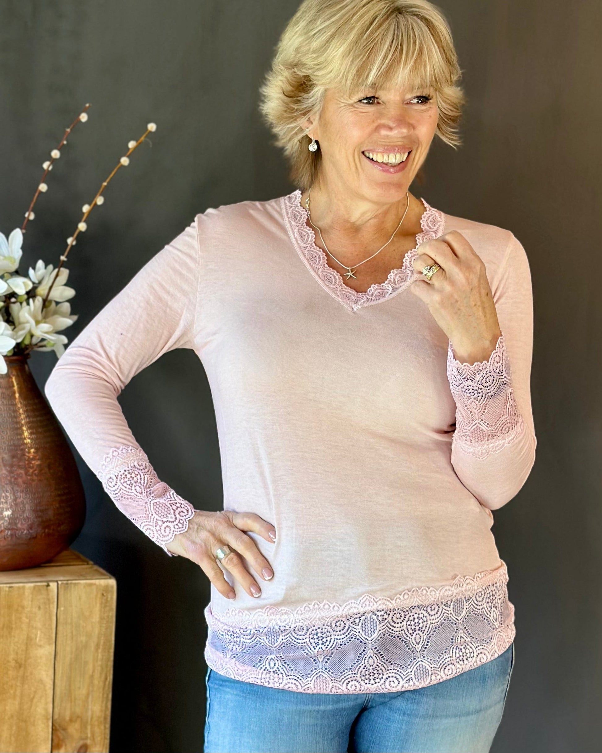 clothing Long Sleeved Lace Detail Top - Pale Pink