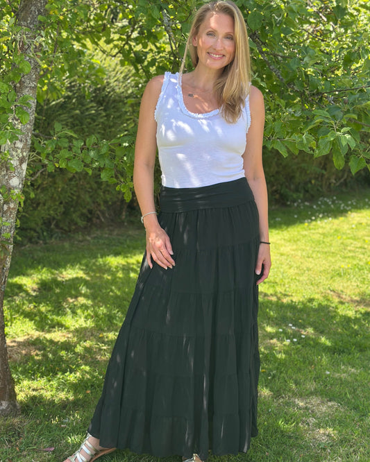 Clothing Long Tiered Cotton Skirt/Dress - Black