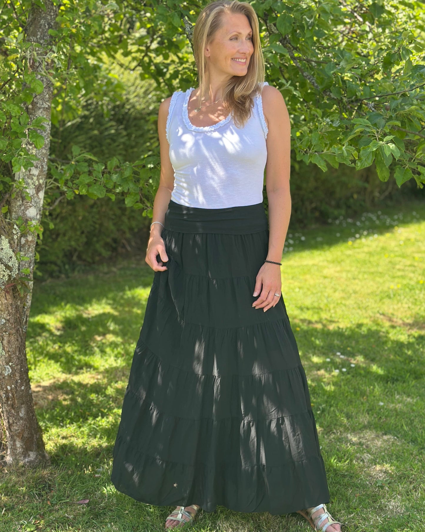 Clothing Long Tiered Cotton Skirt/Dress - Black