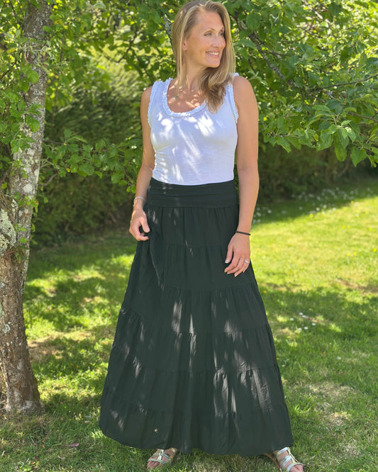 Clothing Long Tiered Cotton Skirt/Dress - Black