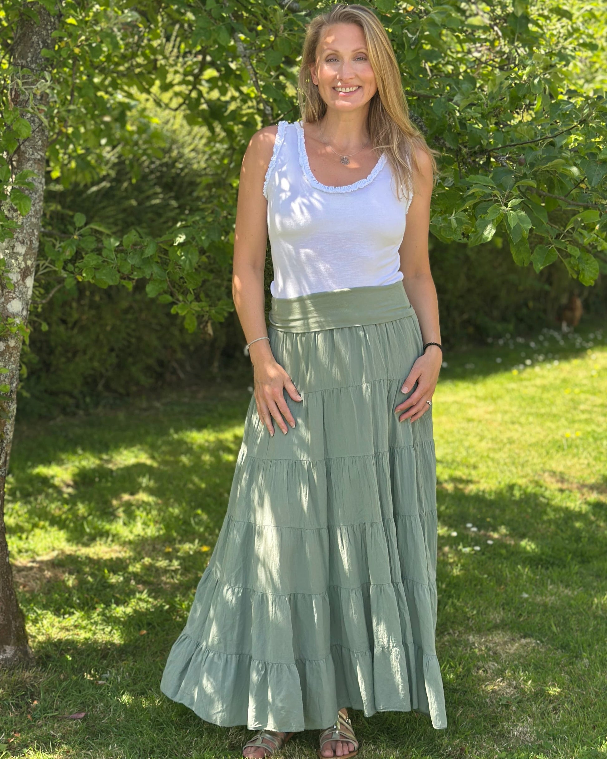 Clothing Long Tiered Cotton Skirt/Dress - Khaki