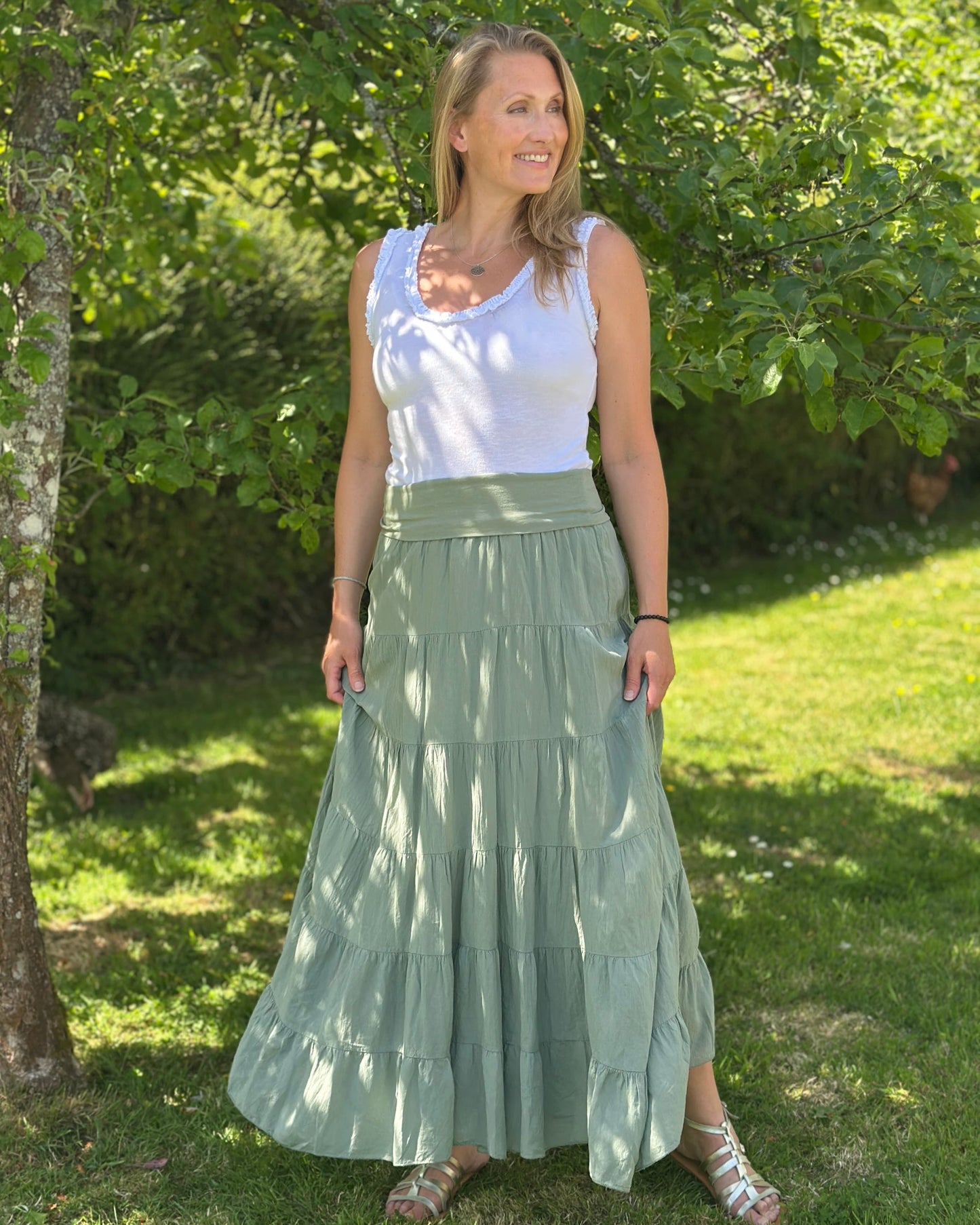 Clothing Long Tiered Cotton Skirt/Dress - Khaki