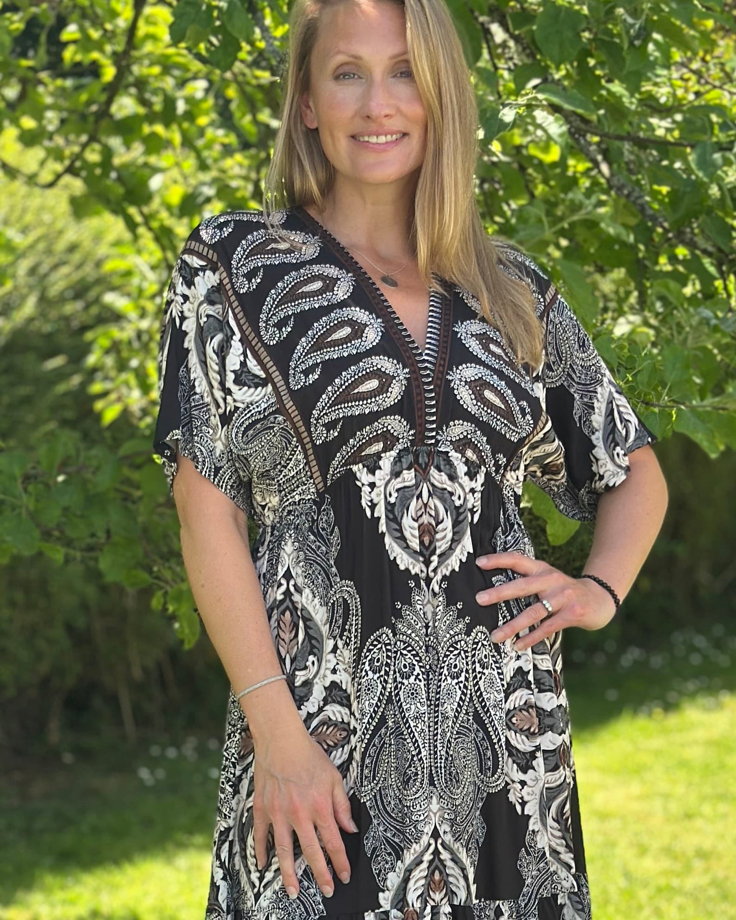 Clothing Long Tiered Patterned Dress - Black