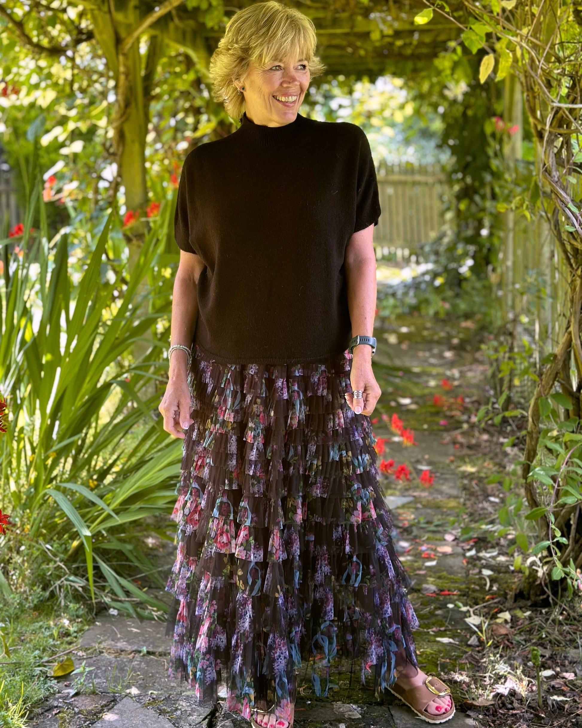 clothing Long Tiered Tulle Skirt - Black/Floral