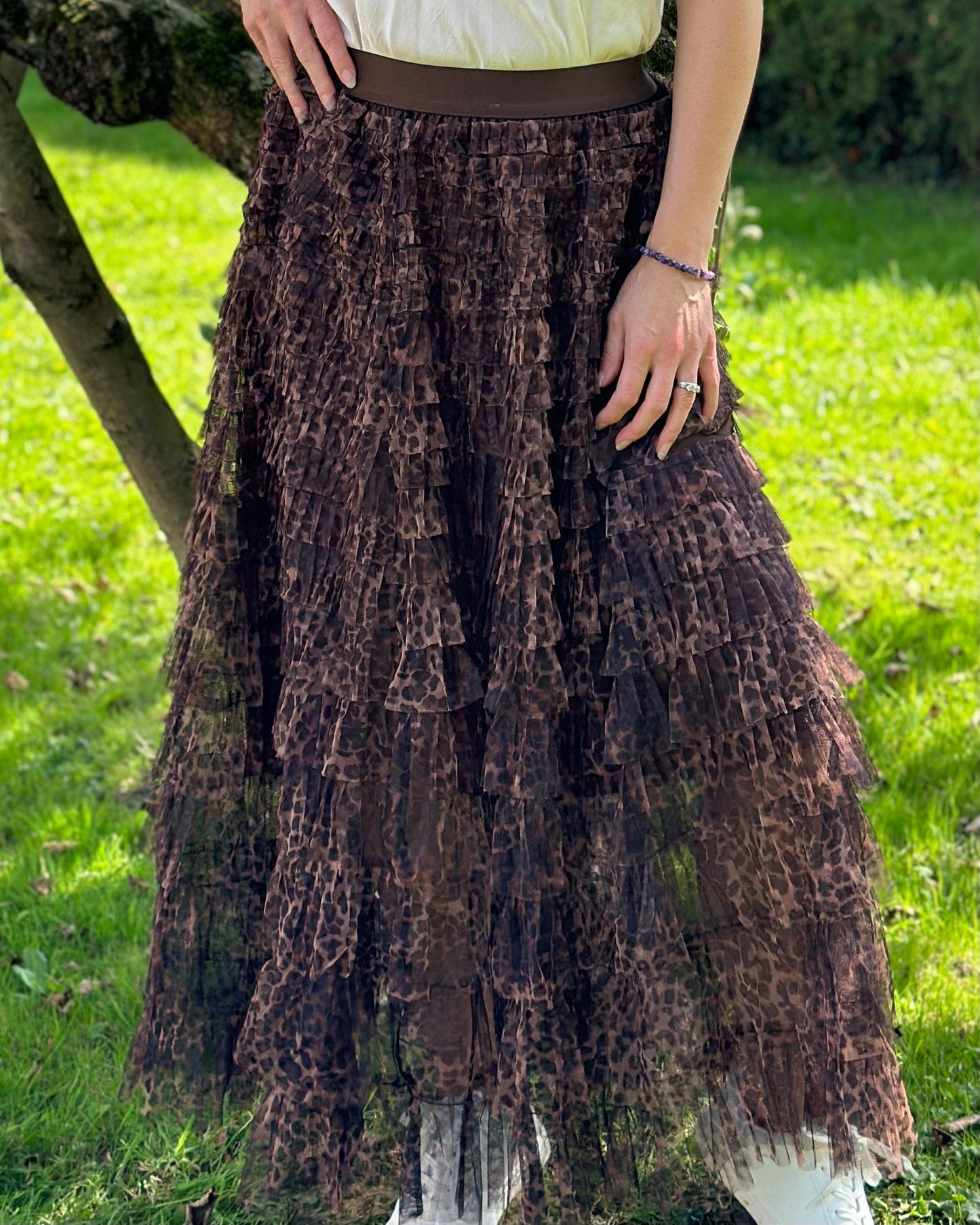 clothing Long Tiered Tulle Skirt - Leopard Print/Brown