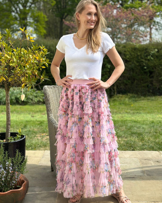 clothing Long Tiered Tulle Skirt - Pink