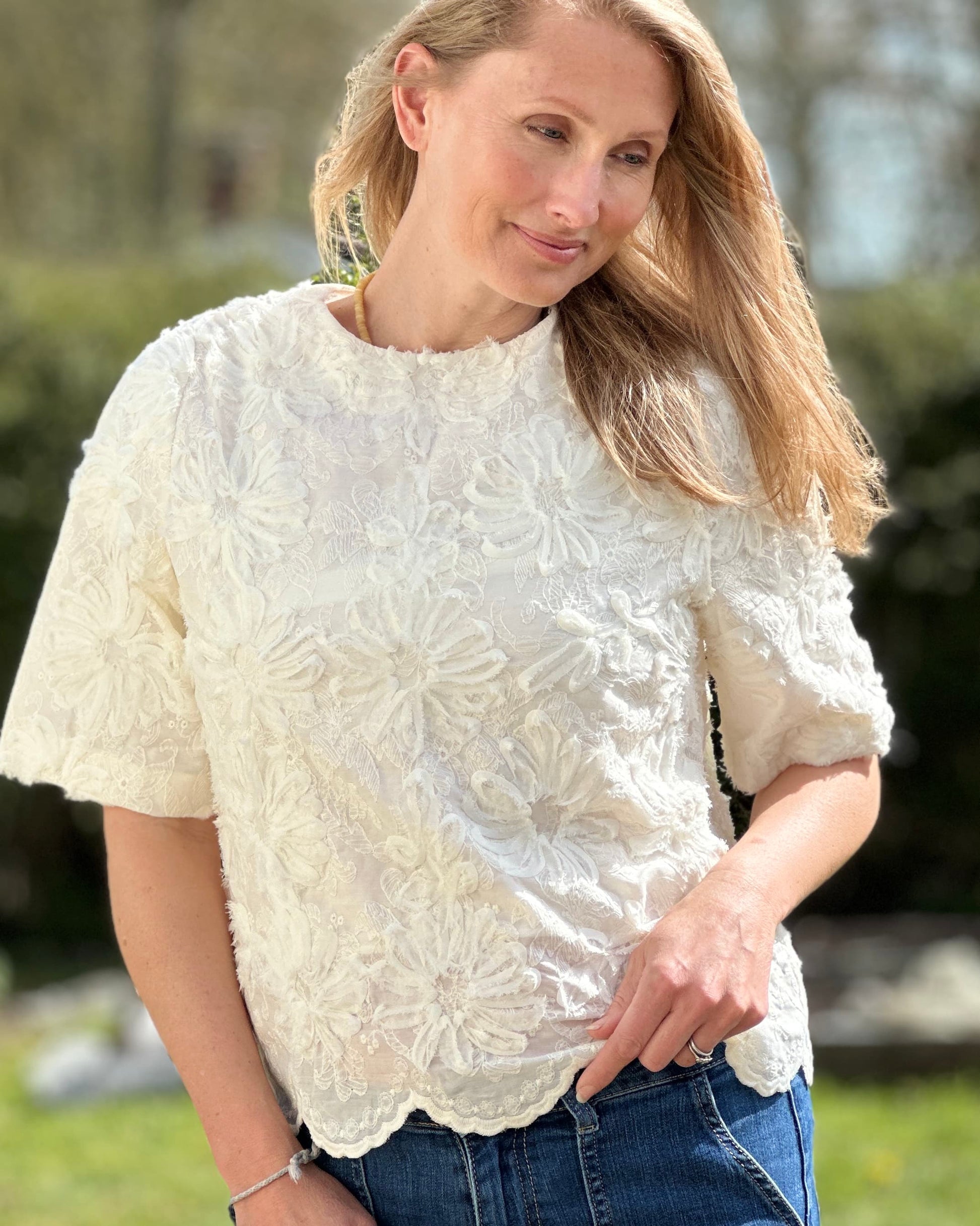 Clothing Lotus Floral Ribbon Top - Cream