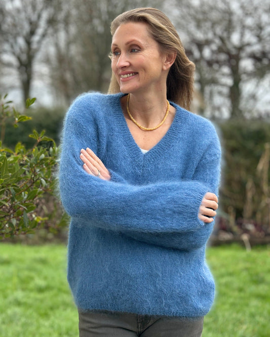 Clothing Luxury Mohair V-Neck Jumper - Cornflower Blue