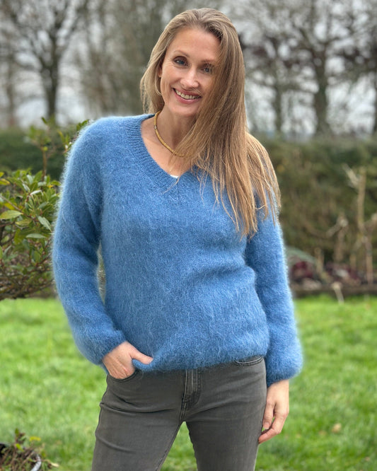 Clothing Luxury Mohair V-Neck Jumper - Cornflower Blue