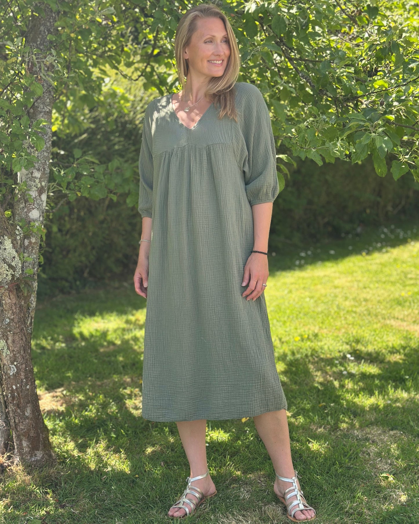 clothing Midi Floaty Cheesecloth Dress - Khaki