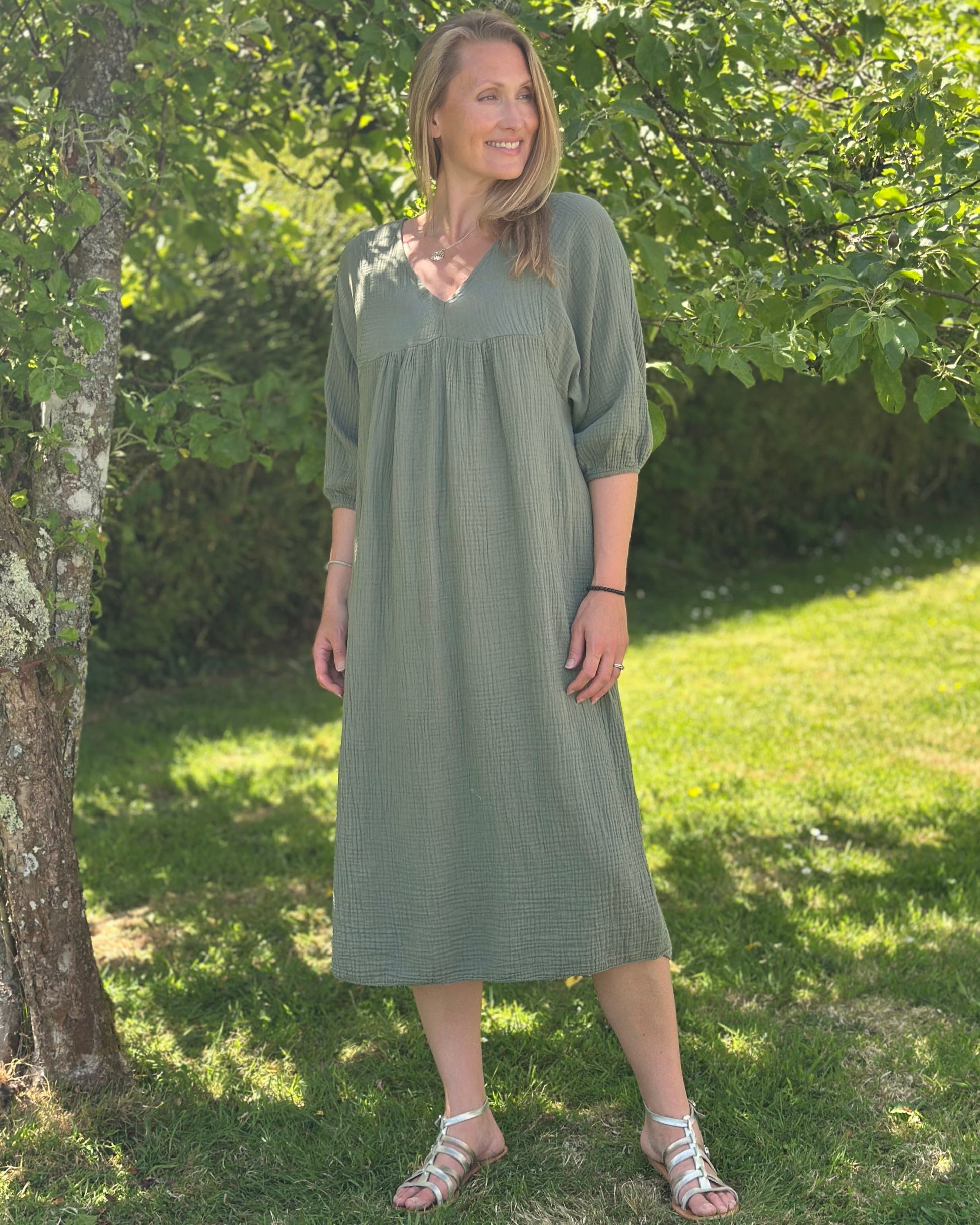 clothing Midi Floaty Cheesecloth Dress - Khaki