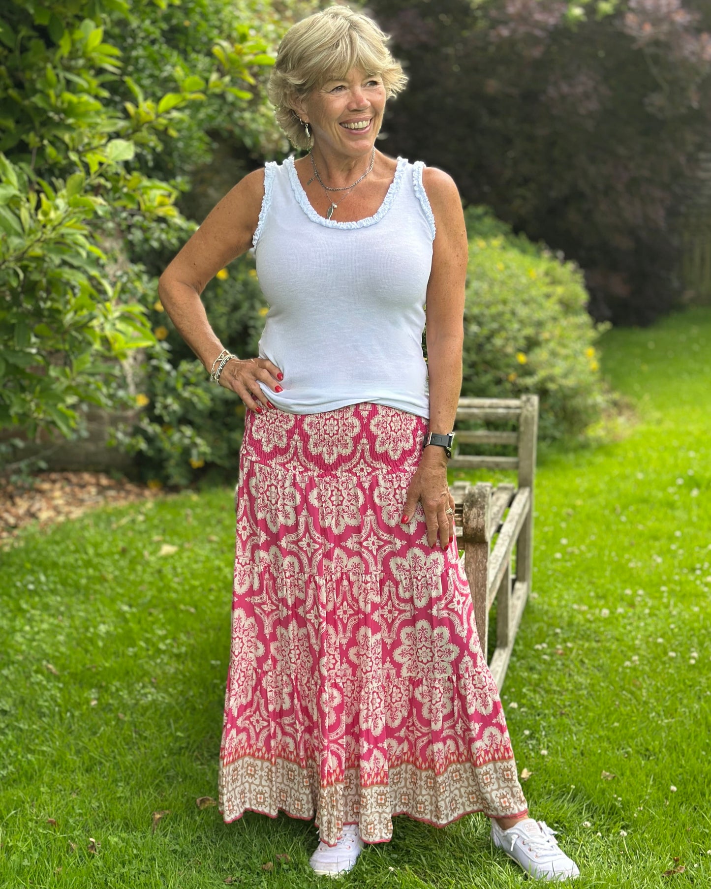Clothing Patterned Tiered Skirt/Dress - Fuchsia/White