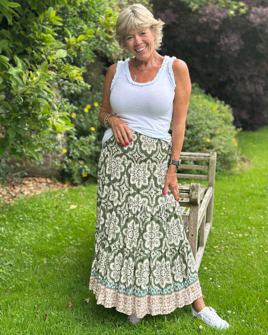 Clothing Patterned Tiered Skirt/Dress - Khaki/Cream
